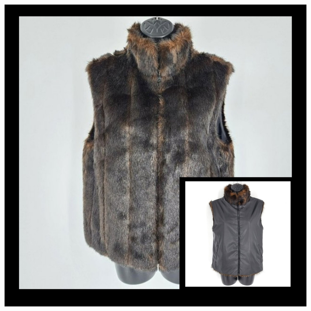 Giacca Vest Faux Fur Reversible S Chocolate Brown Black Dual Pockets Warm Cozy